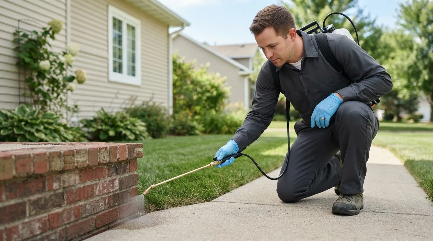 Pest control technician treating a home near Fort Supply, OK